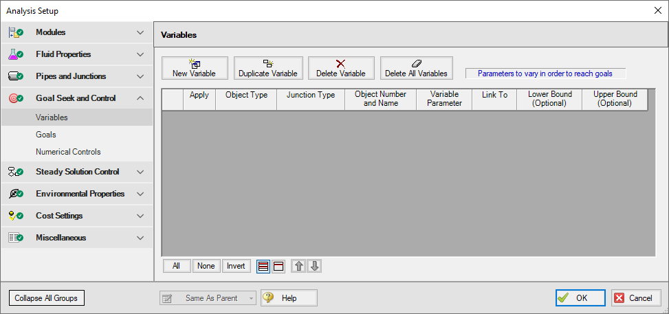 The Variables tab of the Goal Seek and Control Manager window.